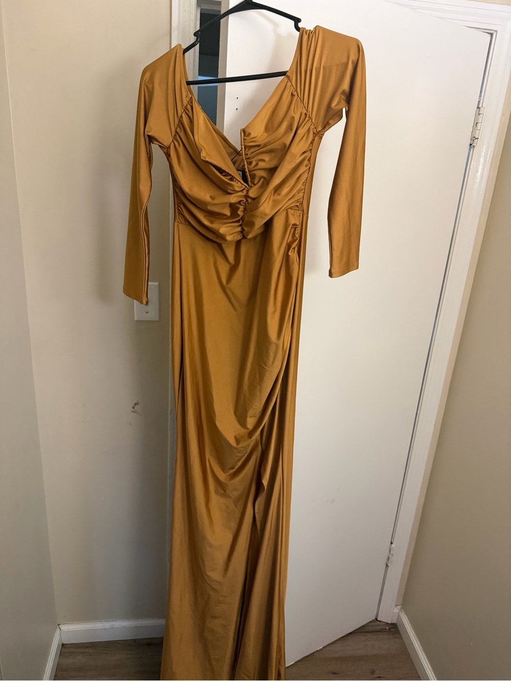 Fashion Nova Long Sleeve Ruched Maxi Dress - Mustard Gold